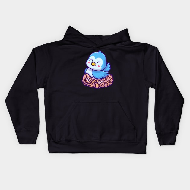 Cute Bird Sitting In Nest Cartoon Kids Hoodie by Catalyst Labs